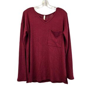 Magic Fit Women’s V-Neck Waffle Knit Sweater Wine Size Medium Lightweight